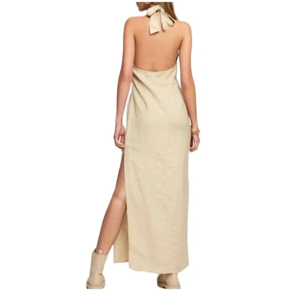 Lioness Womens Halter Dress Small Tan Linen Blend Sheath Maxi - Picture 4 of 16